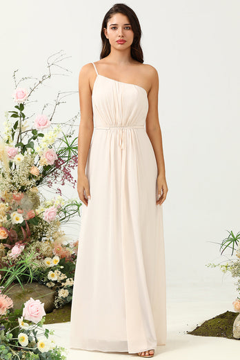 One Shoulder Sleeveless Champagne Long Bridesmaid Dress