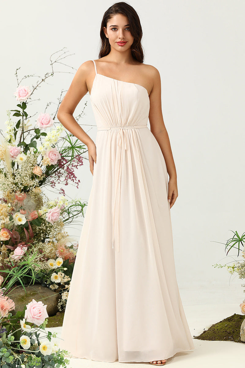 Load image into Gallery viewer, One Shoulder Sleeveless Champagne Long Bridesmaid Dress