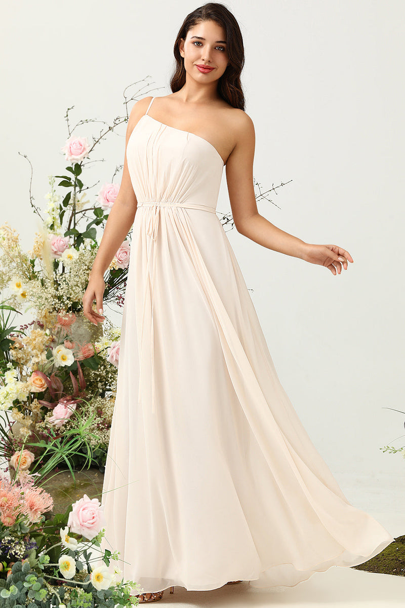 Load image into Gallery viewer, One Shoulder Sleeveless Champagne Long Bridesmaid Dress