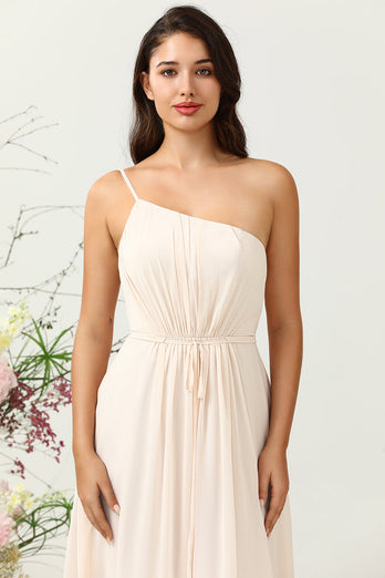 One Shoulder Sleeveless Champagne Long Bridesmaid Dress