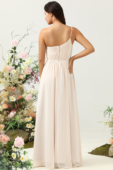 One Shoulder Sleeveless Champagne Long Bridesmaid Dress