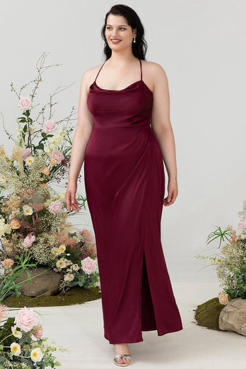 Burgundy Satin Sheath Halter Plus Size Bridesmaid Dress With Slit