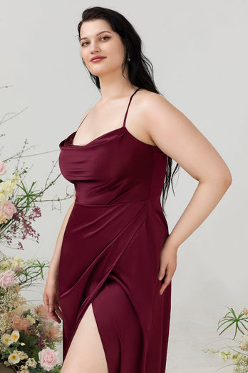 Burgundy Satin Sheath Halter Plus Size Bridesmaid Dress With Slit