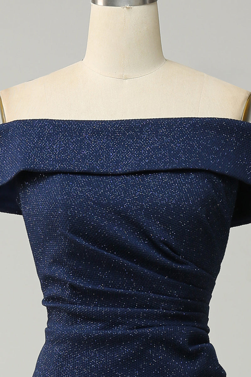 Load image into Gallery viewer, Navy Off The Shoulder Sparkly Sheath Long Bridesmaid Dress