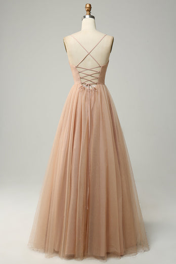 Champagne A Line Spaghetti Straps Bridesmaid Dress