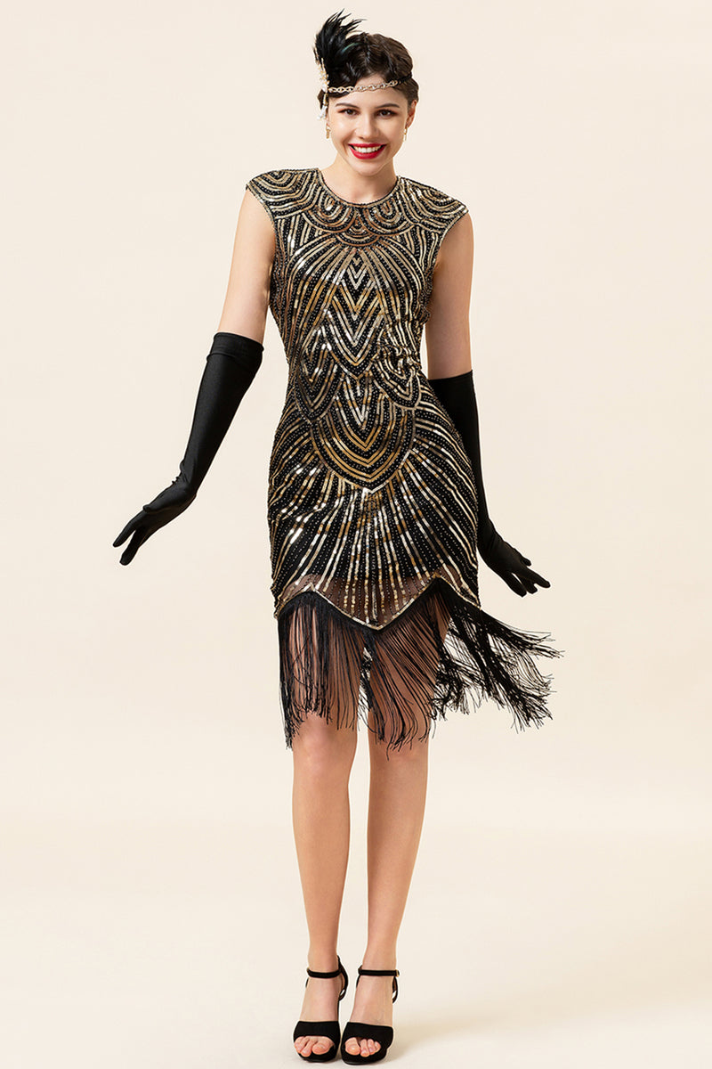 Load image into Gallery viewer, Black Gatsby Glitter Fringe 1920s Dress