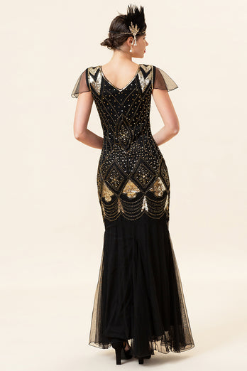 Black and Gold Long Sequin 1920s Dress