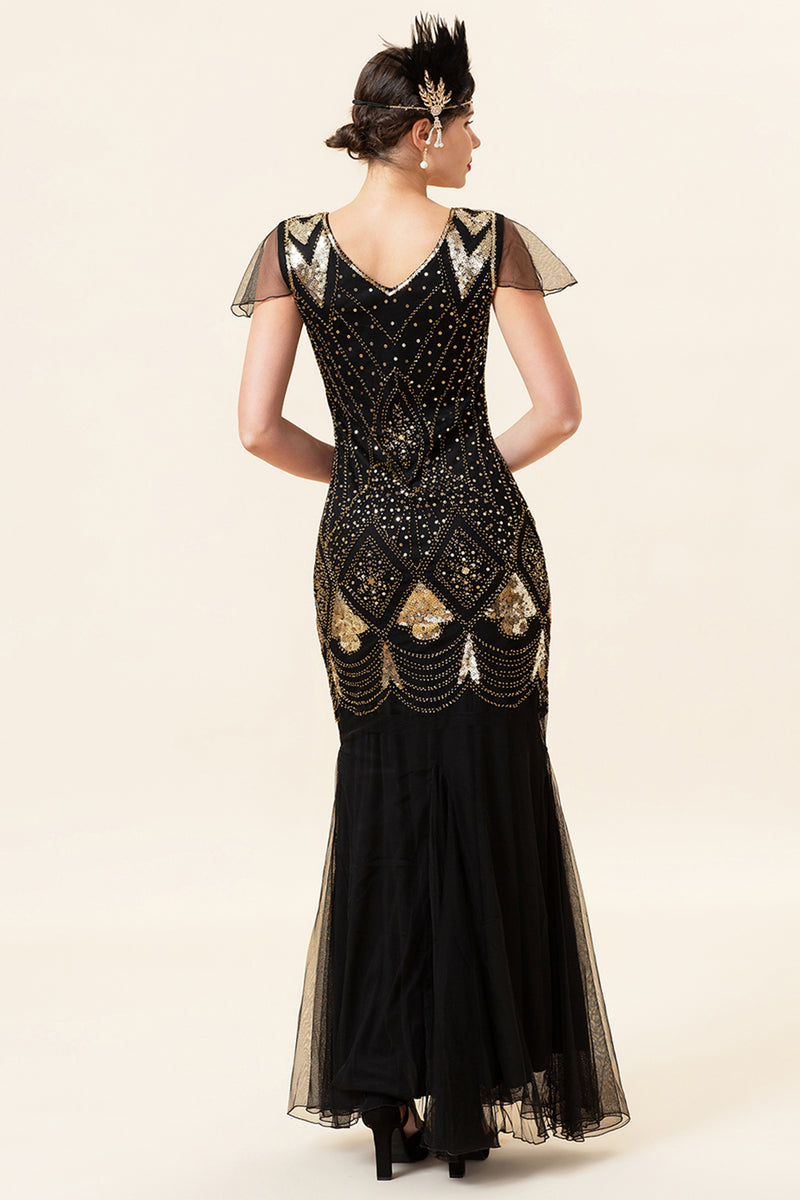 Load image into Gallery viewer, Black and Gold Long Sequin 1920s Dress