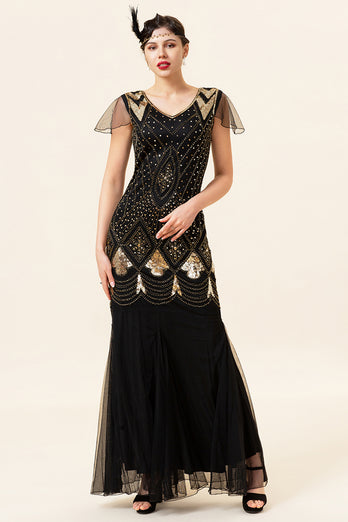 Black and Gold Long Sequin 1920s Dress