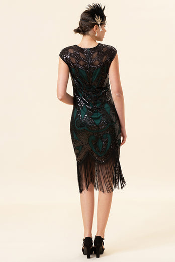 Black&Green Sequins 1920s Dress with Tassel