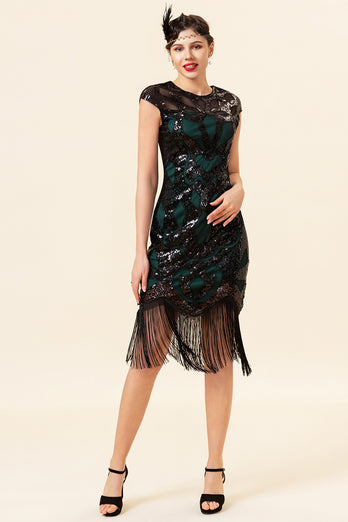 Black&Green Sequins 1920s Dress with Tassel