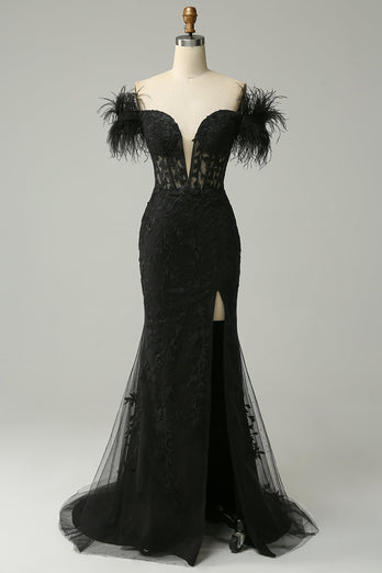 Black Mermaid Lace Long Formal Dress with Feathers