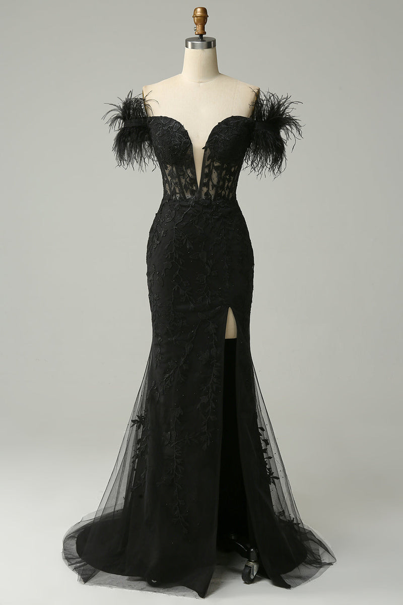 Load image into Gallery viewer, Black Mermaid Lace Long Formal Dress with Feathers