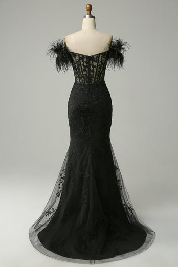 Black Mermaid Lace Long Formal Dress with Feathers