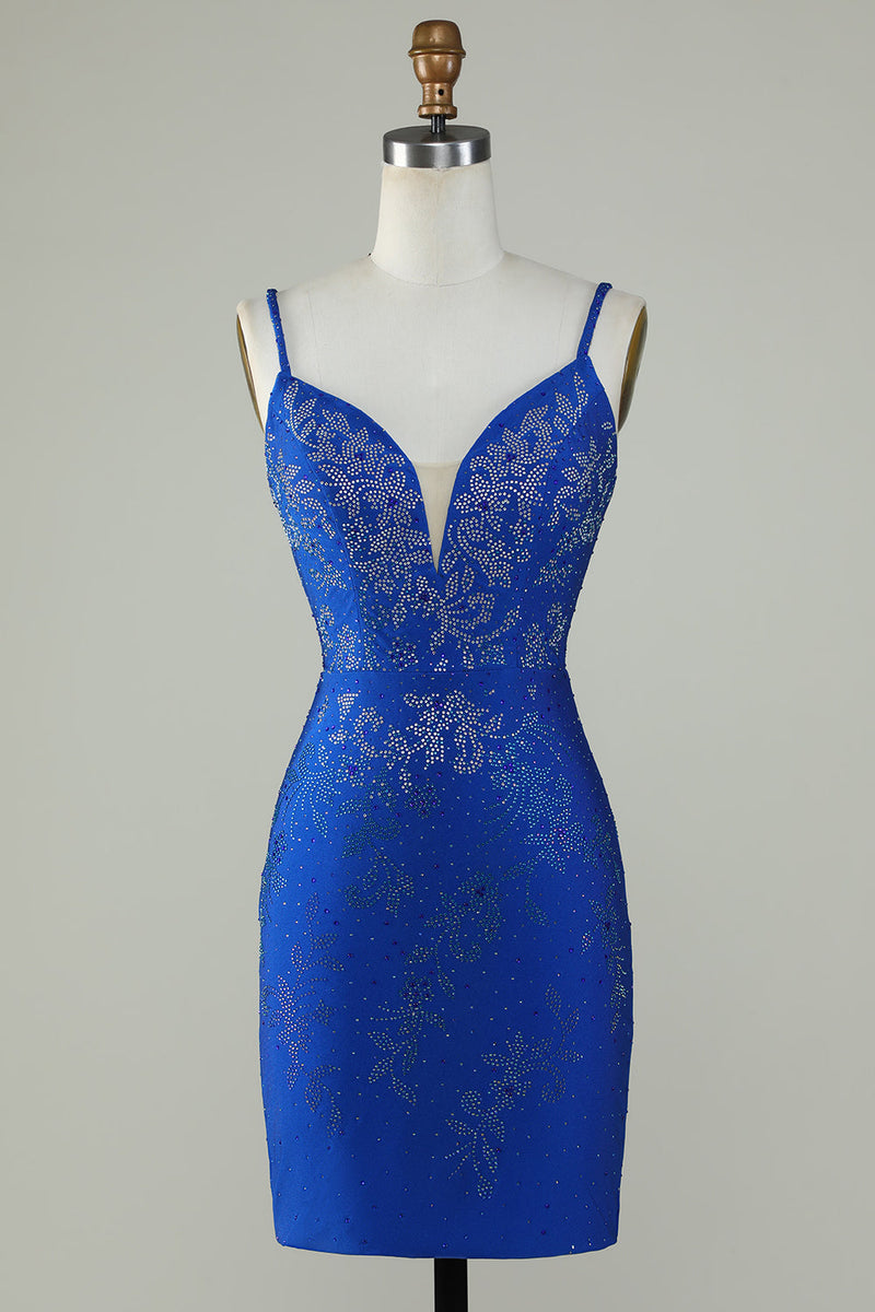 Load image into Gallery viewer, Royal Blue Beaded Spaghetti Straps Bodycon Short Formal Dress