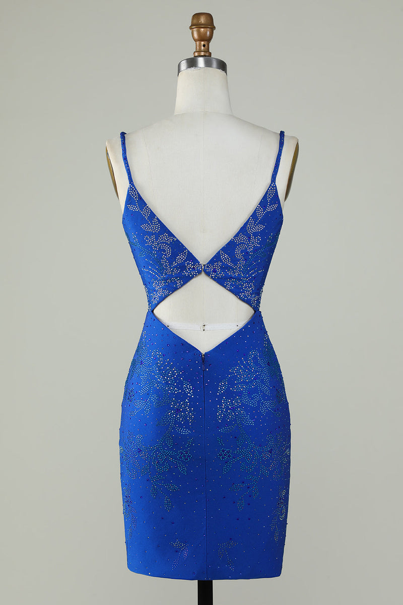 Load image into Gallery viewer, Royal Blue Beaded Spaghetti Straps Bodycon Short Formal Dress