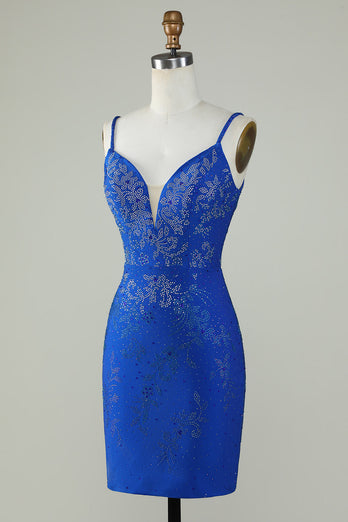 Royal Blue Beaded Spaghetti Straps Bodycon Short Formal Dress