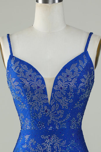 Royal Blue Beaded Spaghetti Straps Bodycon Short Formal Dress