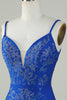 Load image into Gallery viewer, Royal Blue Beaded Spaghetti Straps Bodycon Short Formal Dress