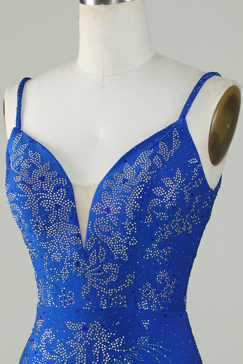 Royal Blue Beaded Spaghetti Straps Bodycon Short Formal Dress