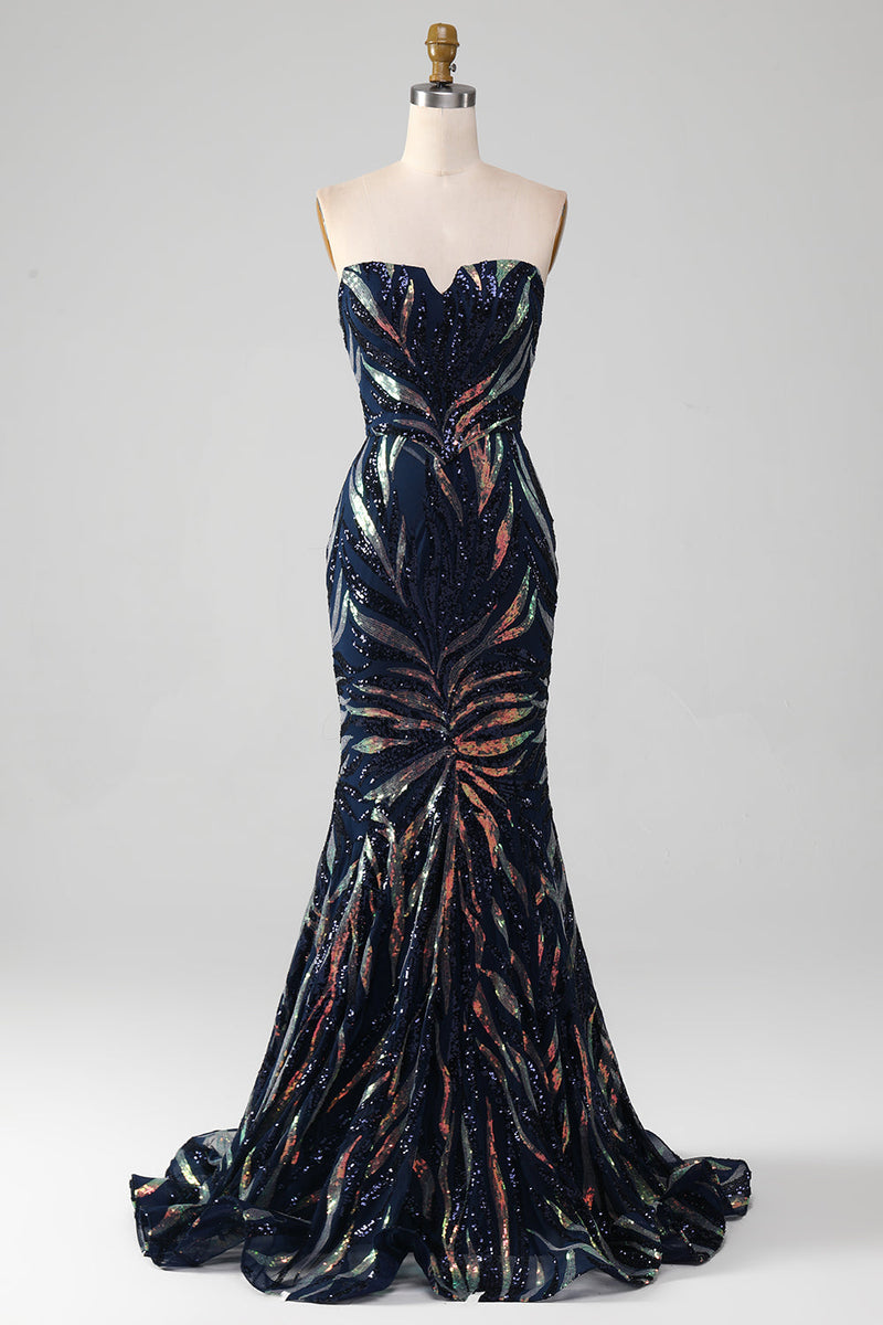 Load image into Gallery viewer, Sparkly Navy Mermaid Sequins Long Formal Dress