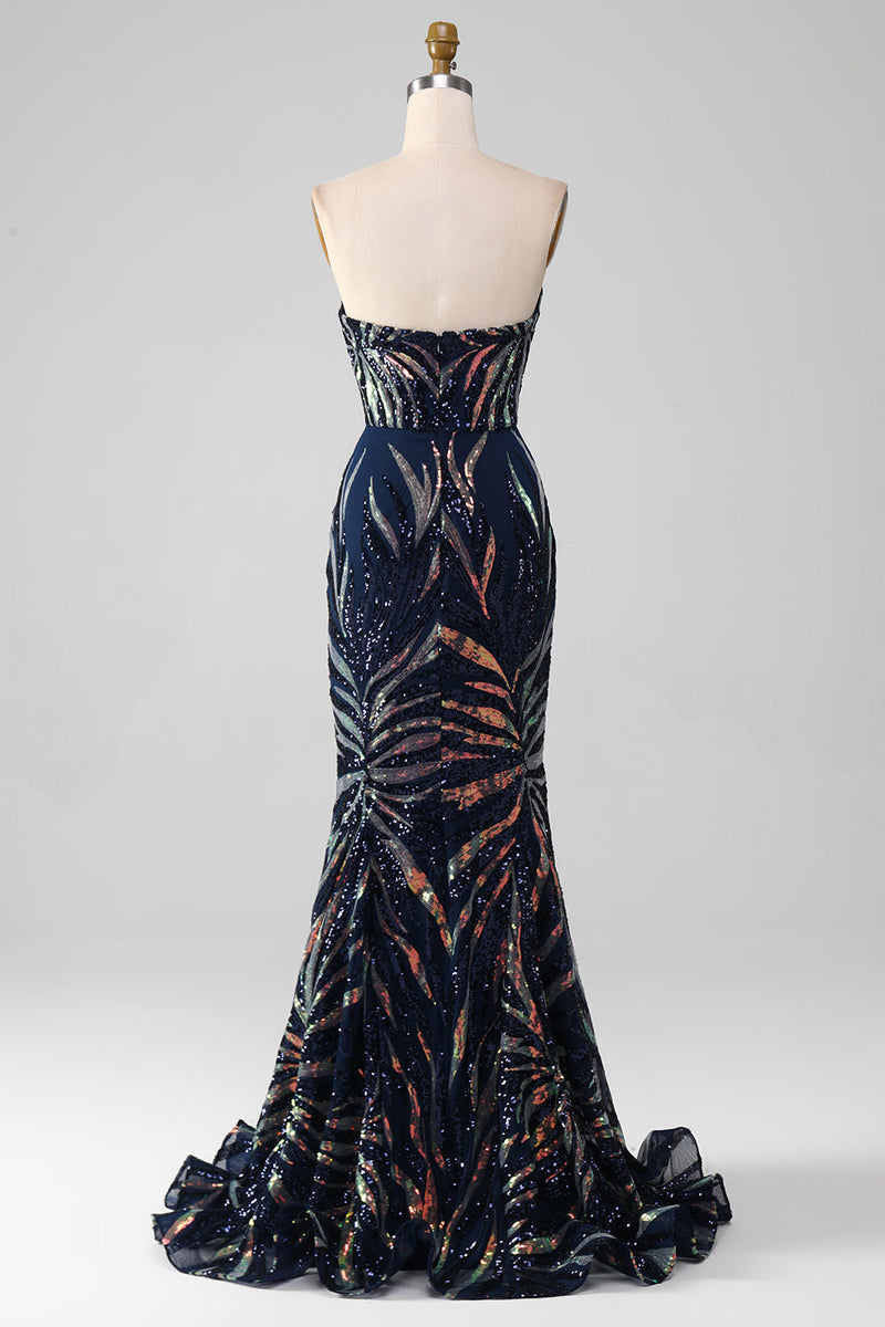 Load image into Gallery viewer, Sparkly Navy Mermaid Sequins Long Formal Dress