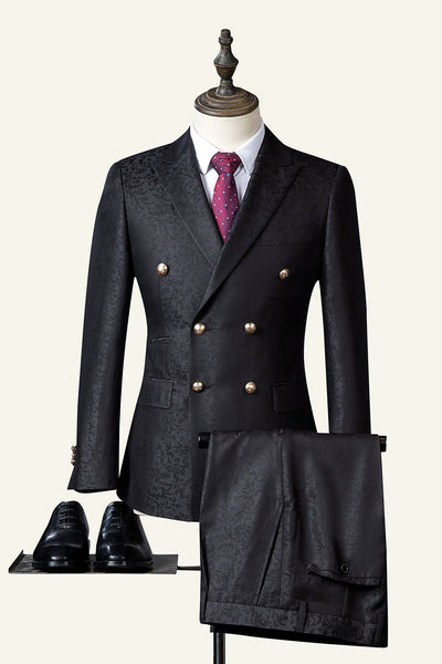 Black Jacquard Double-Breasted 3-Piece Men's Suit