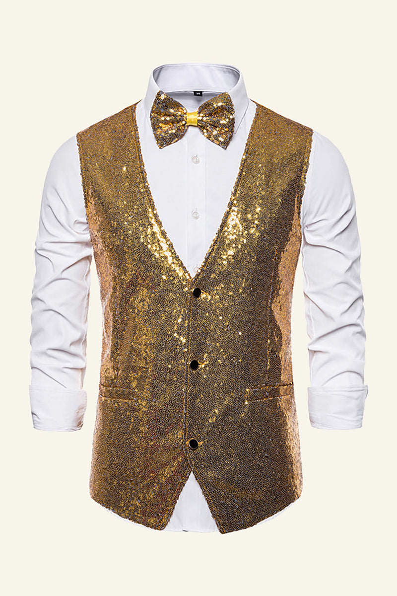 Load image into Gallery viewer, Sparkly Golden Lapel Sequins Men&#39;s Vest with Bow Tie