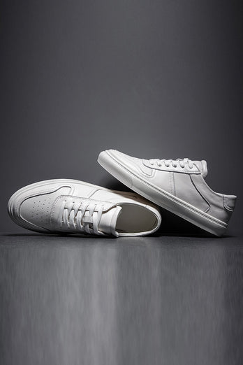 White Leather Lace-Up Casual Men's Shoes