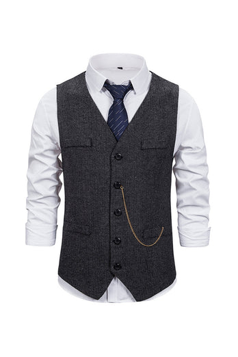 V Neck Single Breasted Men's Grey Casual Vest