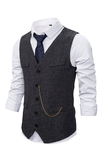 V Neck Single Breasted Men's Grey Casual Vest