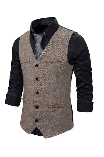 V Neck Single Breasted Men's Grey Casual Vest