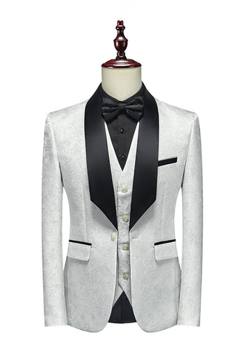 White Jacquard Shawl Lapel 3 Pieces Men's Suits