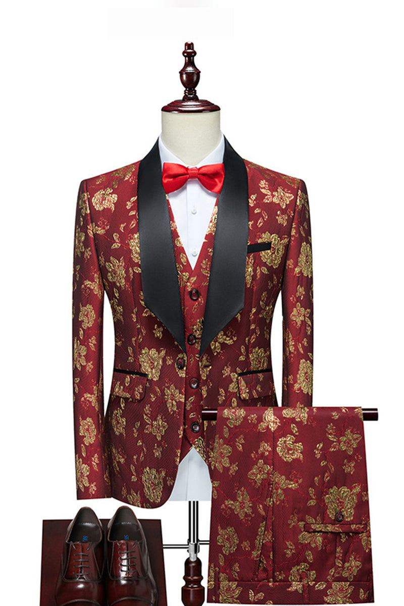 Load image into Gallery viewer, Red Jacquard Shawl Lapel 3 Pieces Men&#39;s Suits