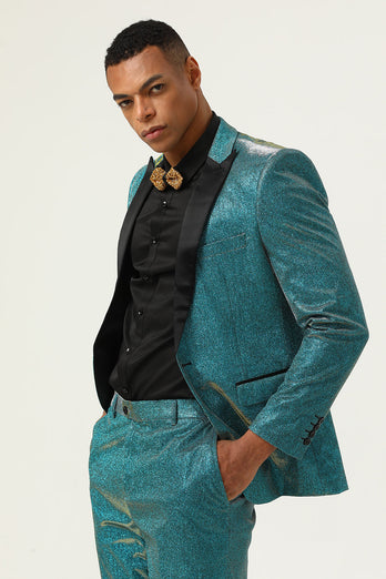 Glitter Peacock Blue Peak Lapel 2 Piece Men's Suits