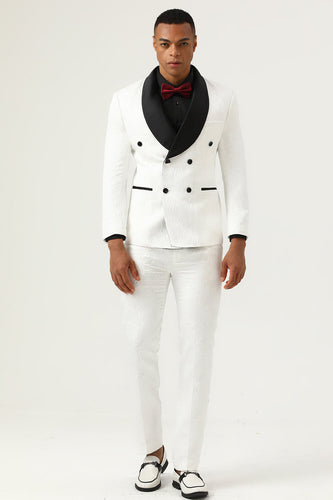 White Jacquard Shawl Lapel Double Breasted 2 Piece Men's Suits