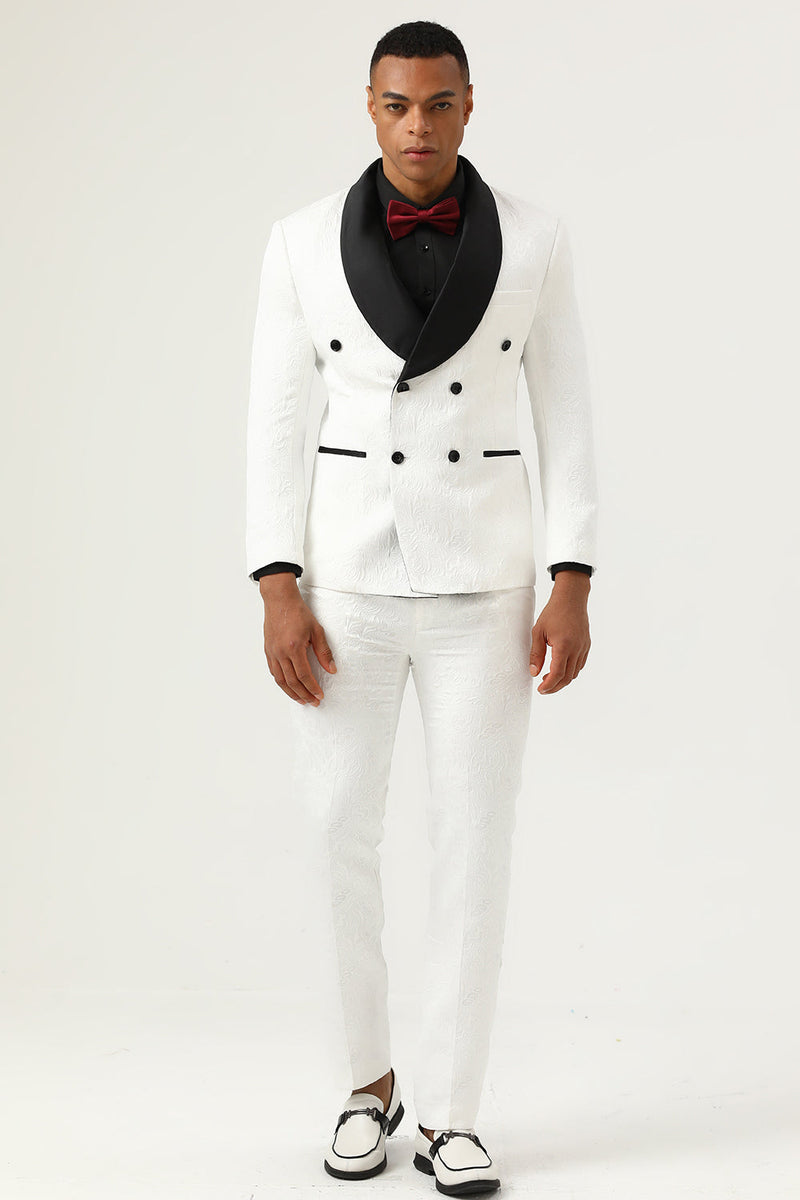 Load image into Gallery viewer, White Jacquard Shawl Lapel Double Breasted 2 Piece Men&#39;s Suits