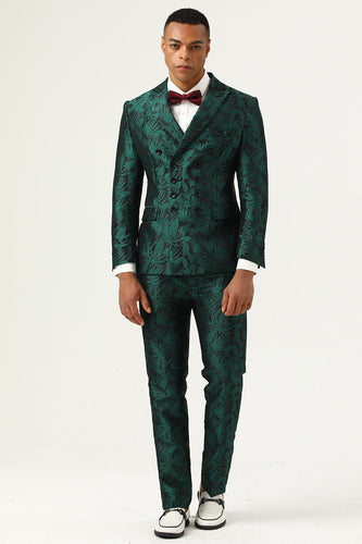 Green Jacquard Double Breasted 2 Piece Men's Suits