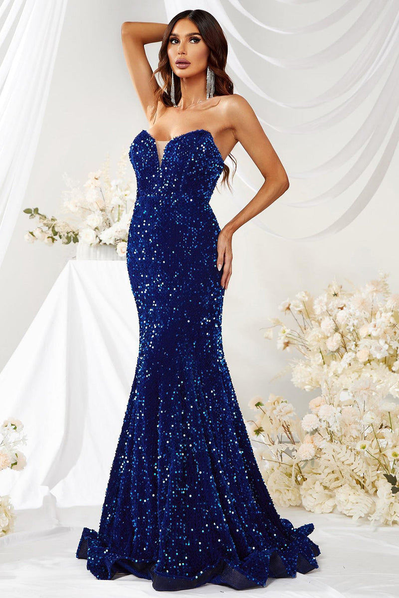 Load image into Gallery viewer, Strapless Sparkly Mermaid Sequins Royal Blue Long Formal Dress