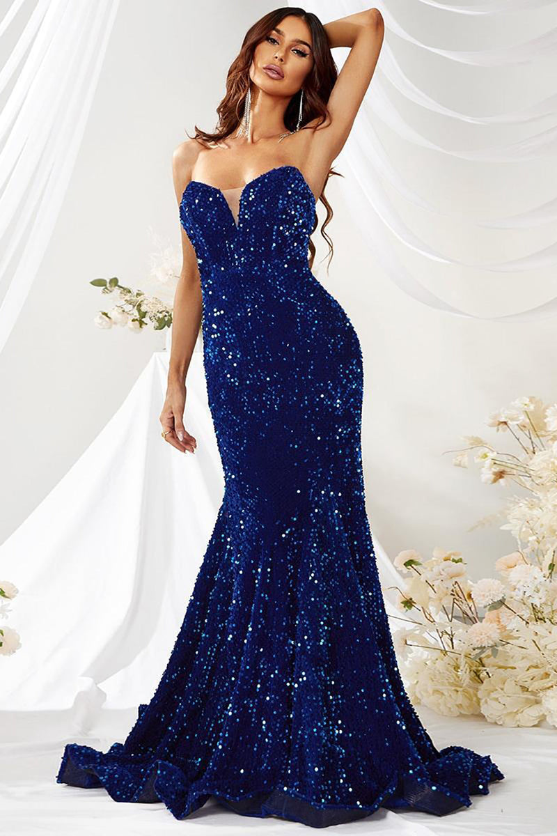 Load image into Gallery viewer, Strapless Sparkly Mermaid Sequins Royal Blue Long Formal Dress