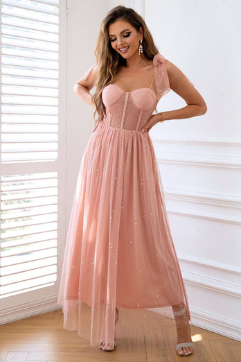 A-Line Tulle Blush Corset Formal Dress