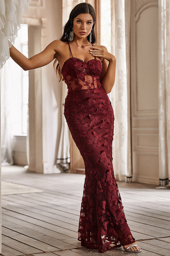 Mermaid Spaghetti Straps Burgundy Corset Formal Dress