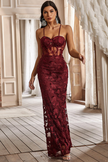 Mermaid Spaghetti Straps Burgundy Corset Formal Dress