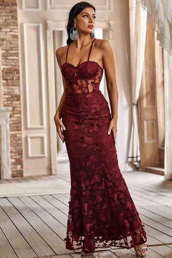 Mermaid Spaghetti Straps Burgundy Corset Formal Dress