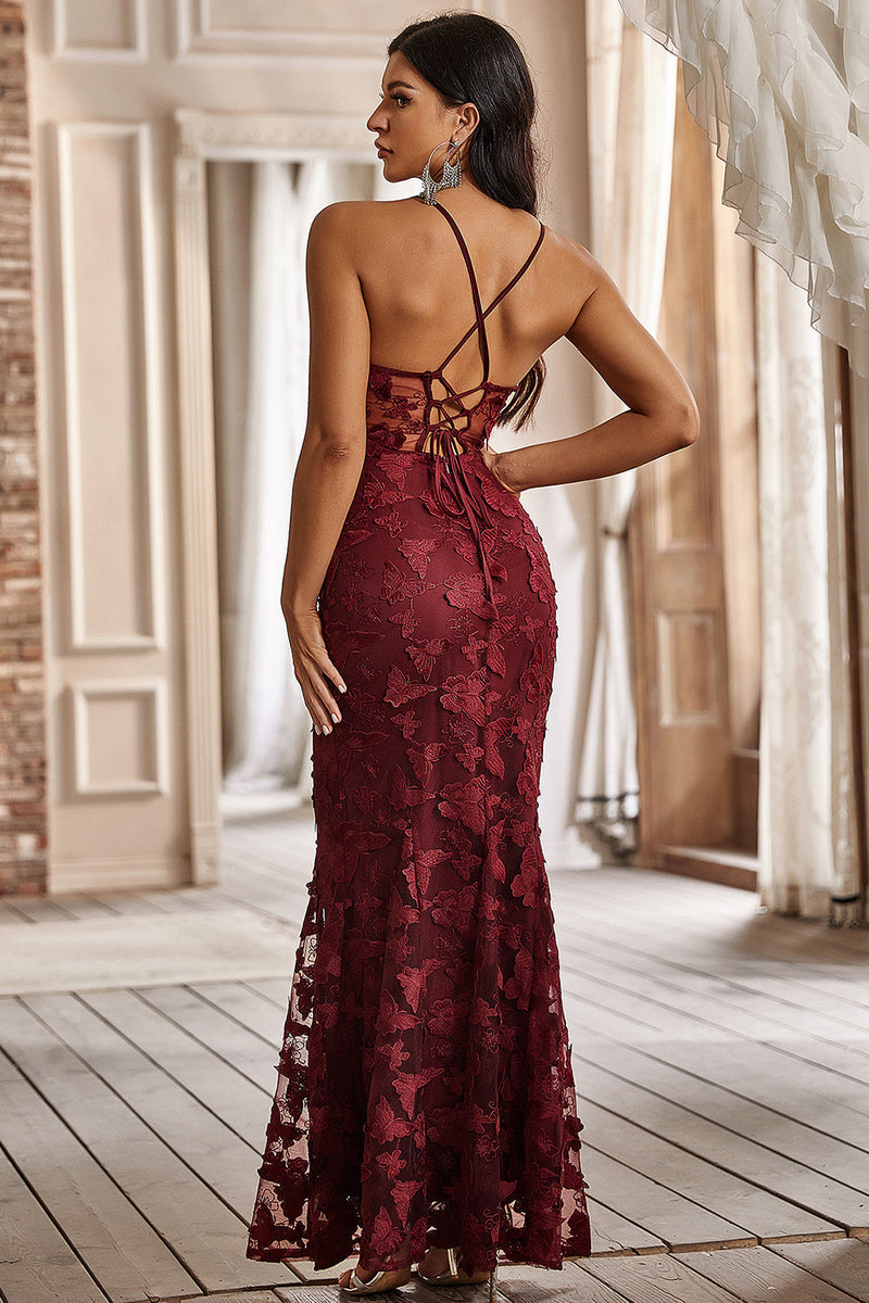 Load image into Gallery viewer, Mermaid Spaghetti Straps Burgundy Corset Formal Dress