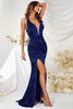 Load image into Gallery viewer, Deep V-Neck Backless Sparkly Royal Blue Sequins Long Formal Dress with Slit