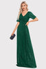 Load image into Gallery viewer, Sparkly V-Neck Navy Long Formal Dress with Short Sleeves