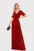 Load image into Gallery viewer, Sparkly V-Neck Navy Long Formal Dress with Short Sleeves