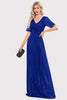 Load image into Gallery viewer, Sparkly V-Neck Navy Long Formal Dress with Short Sleeves