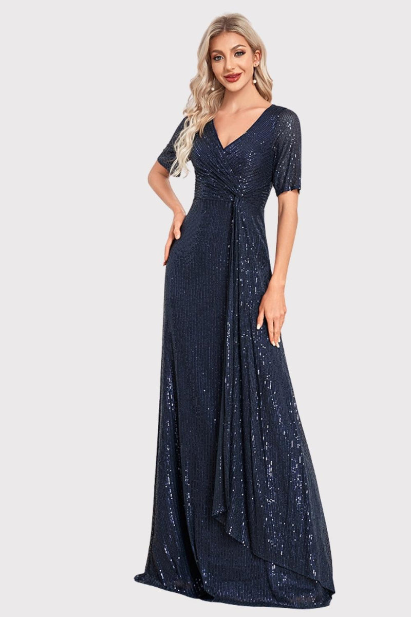 Load image into Gallery viewer, Sparkly V-Neck Navy Long Formal Dress with Short Sleeves